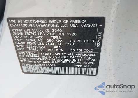 2021 Volkswagen Atlas Cross Sport 3.6L V6 Se W/Technology R-Line из США, поврежденный, VIN 1V2PE2CA8MC240075